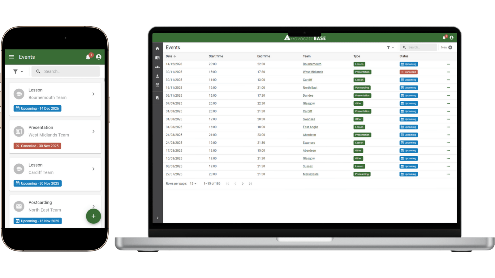 AdvocateBase mobile and web interfaces